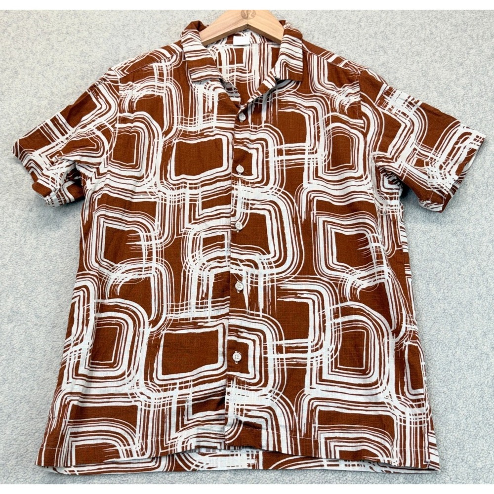 Max Boys Resort Shirt Brown White Abstract Geo Short Sleeve Button Up 15-16Y